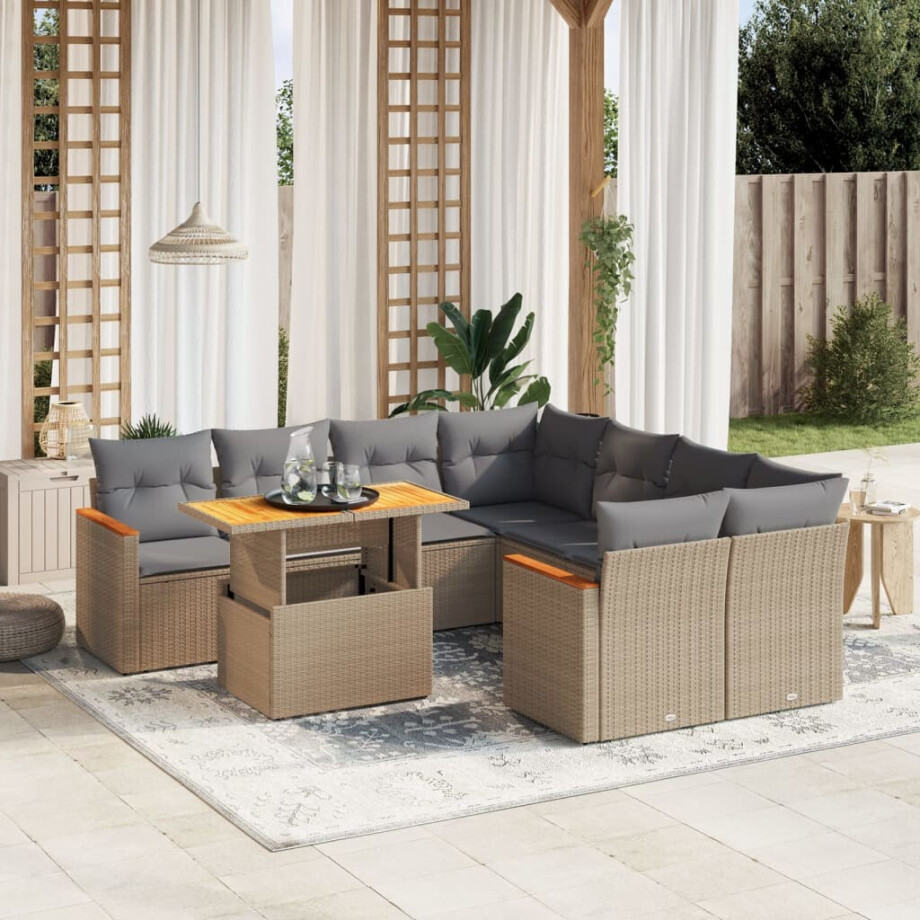 vidaXL 9-delige Loungeset met kussens poly rattan beige afbeelding 1