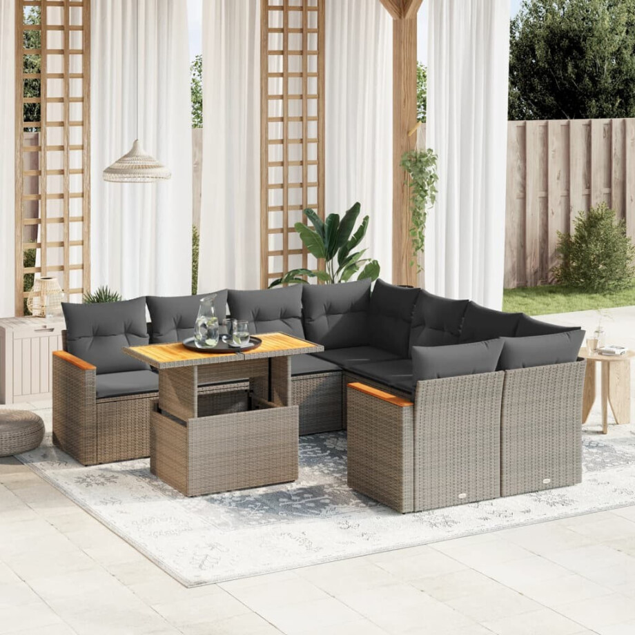 vidaXL 9-delige Loungeset met kussens poly rattan grijs afbeelding 1