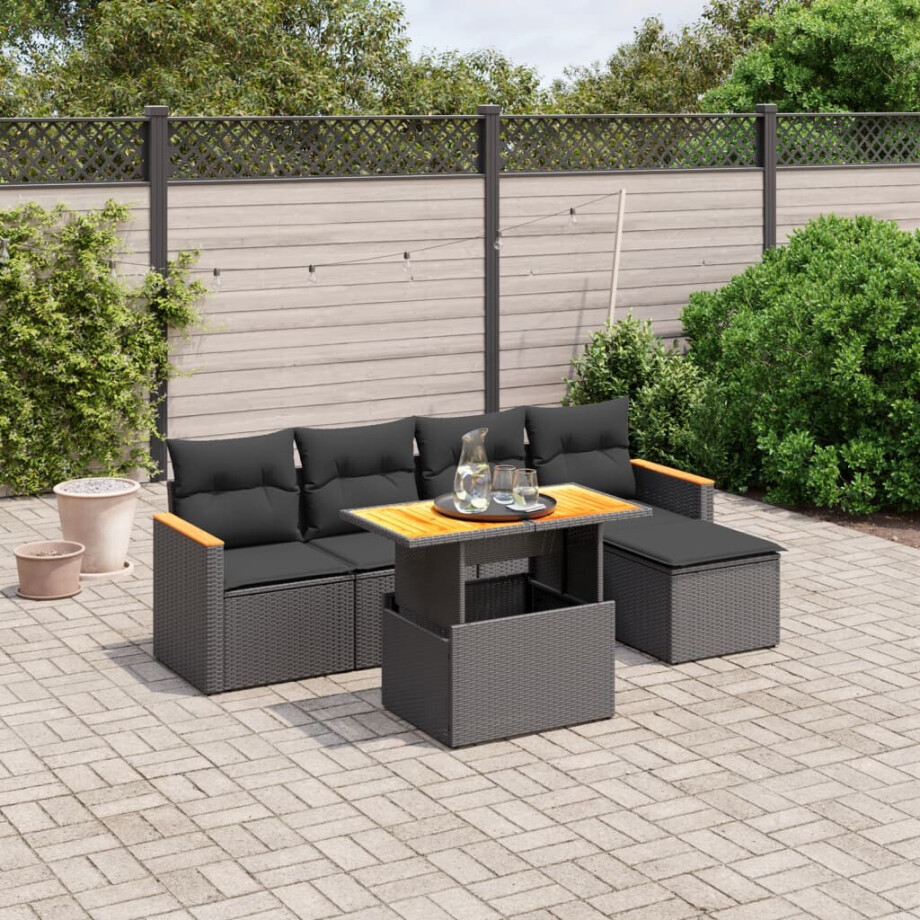 vidaXL 6-delige Loungeset met kussens poly rattan zwart afbeelding 1