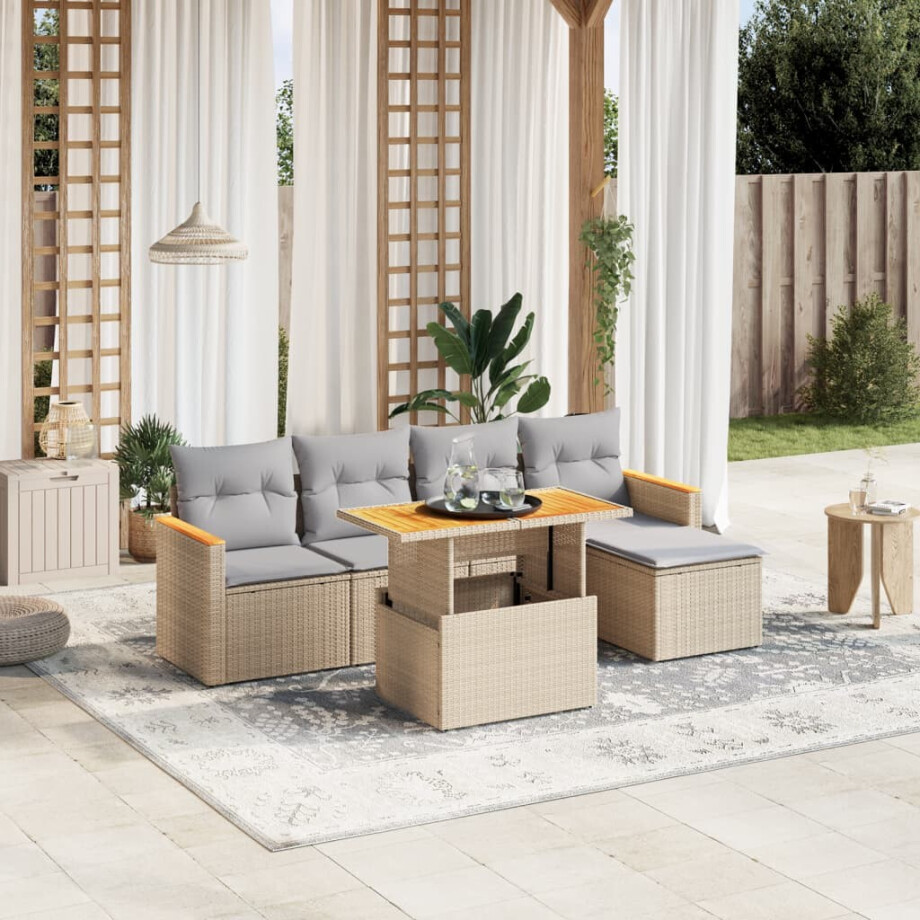 vidaXL 6-delige Loungeset met kussens poly rattan beige afbeelding 1