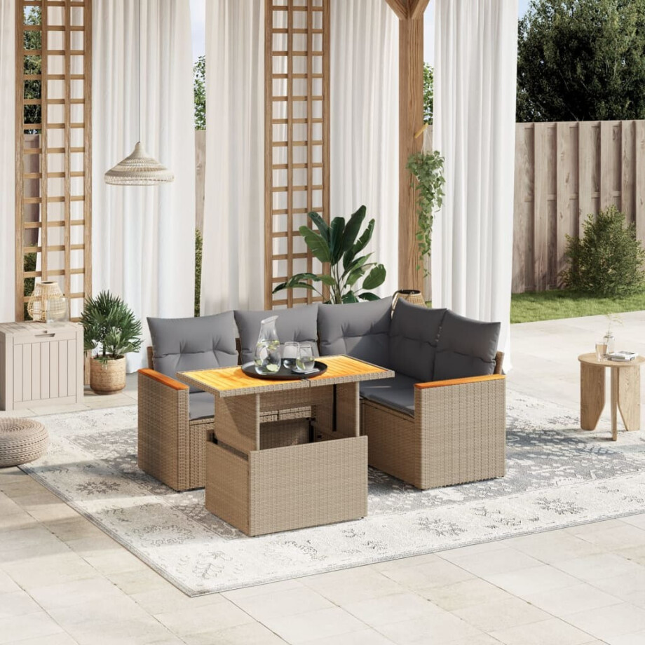 vidaXL 5-delige Loungeset met kussens poly rattan beige afbeelding 1