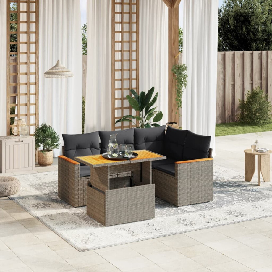 vidaXL 5-delige Loungeset met kussens poly rattan grijs vidaXL 5-delige Loungeset met kussens poly rattan grijs afbeelding 1