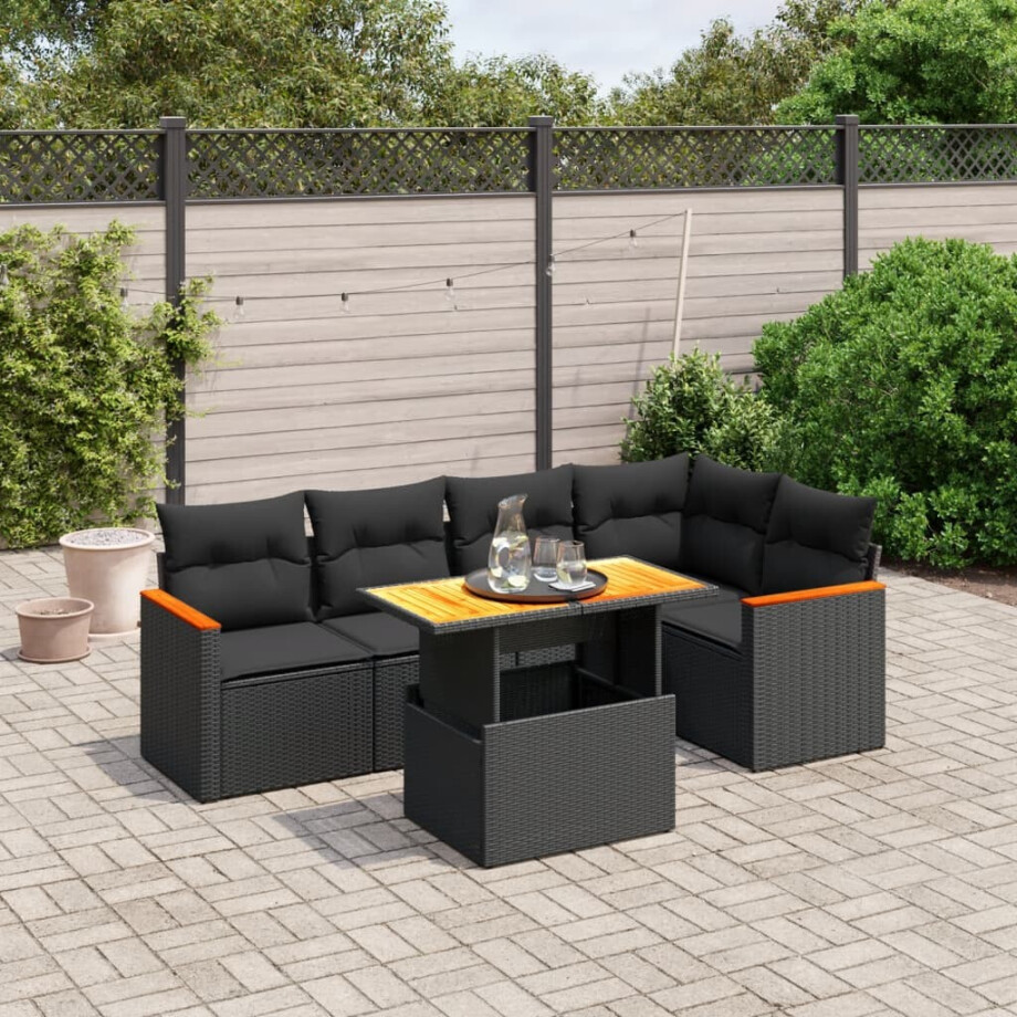 vidaXL 6-delige Loungeset met kussens poly rattan zwart afbeelding 1