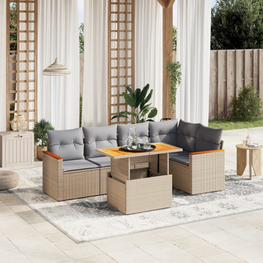 vidaXL 6-delige Loungeset met kussens poly rattan beige afbeelding 1