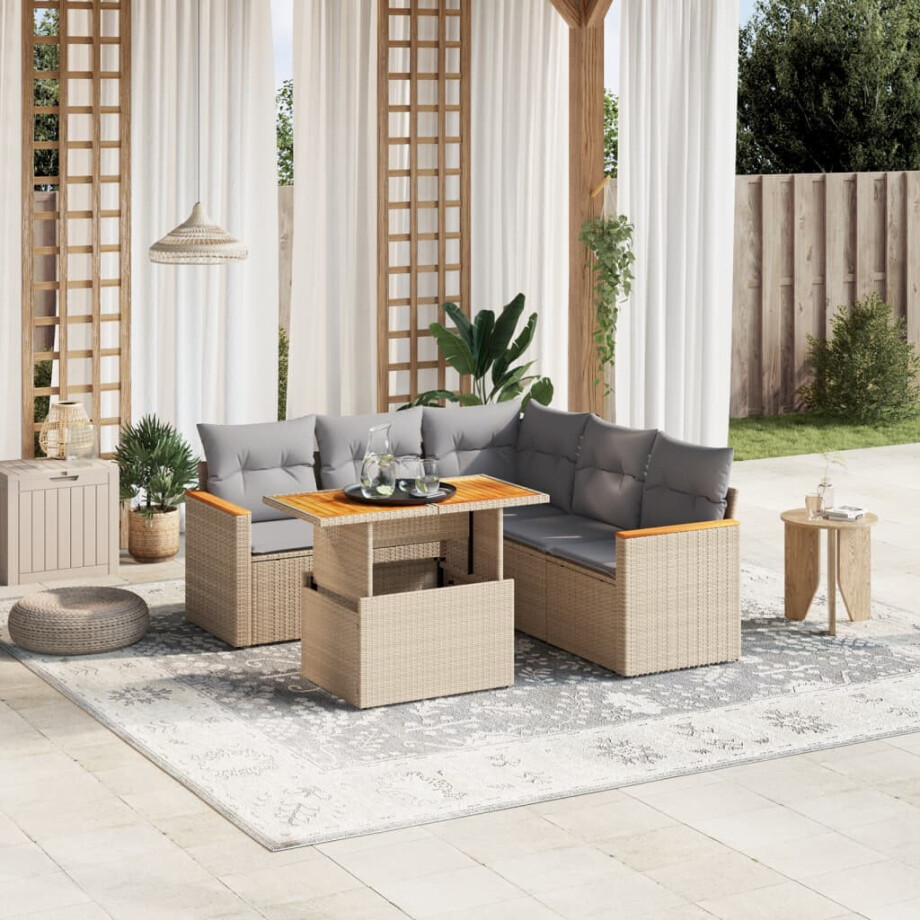 vidaXL 6-delige Loungeset met kussens poly rattan beige afbeelding 1