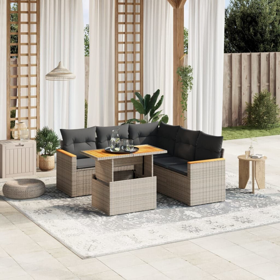 vidaXL 6-delige Loungeset met kussens poly rattan grijs afbeelding 1