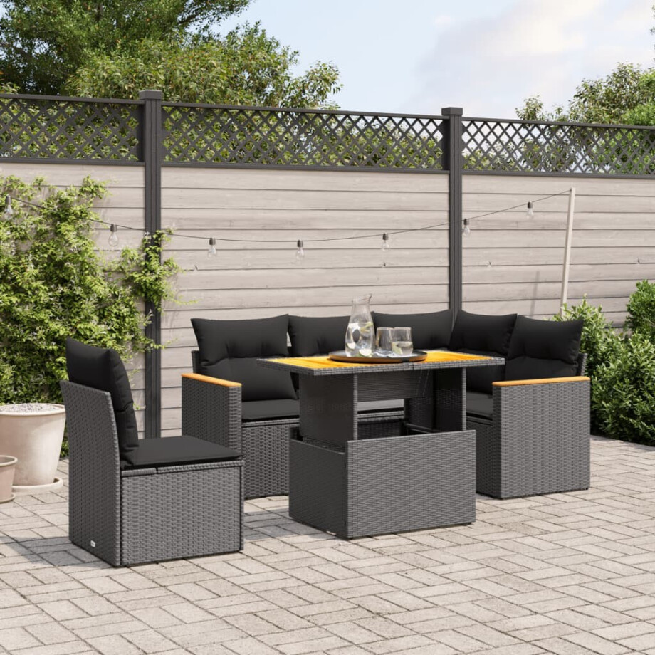 vidaXL 6-delige Loungeset met kussens poly rattan zwart afbeelding 1