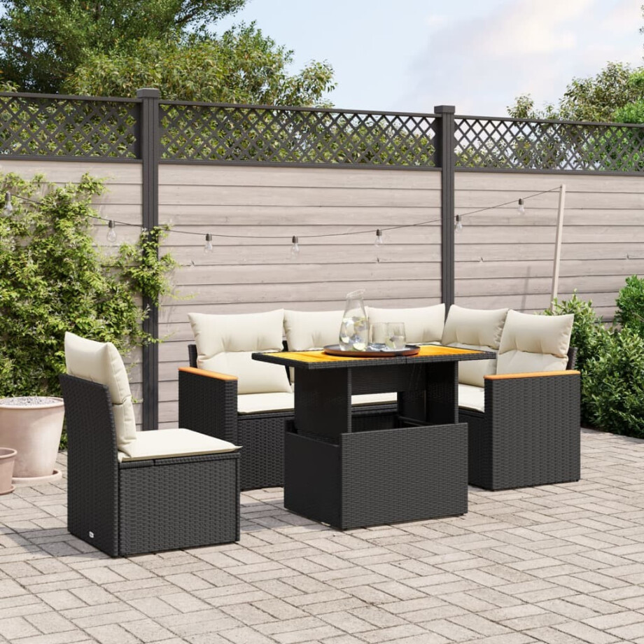 vidaXL 6-delige Loungeset met kussens poly rattan zwart afbeelding 1