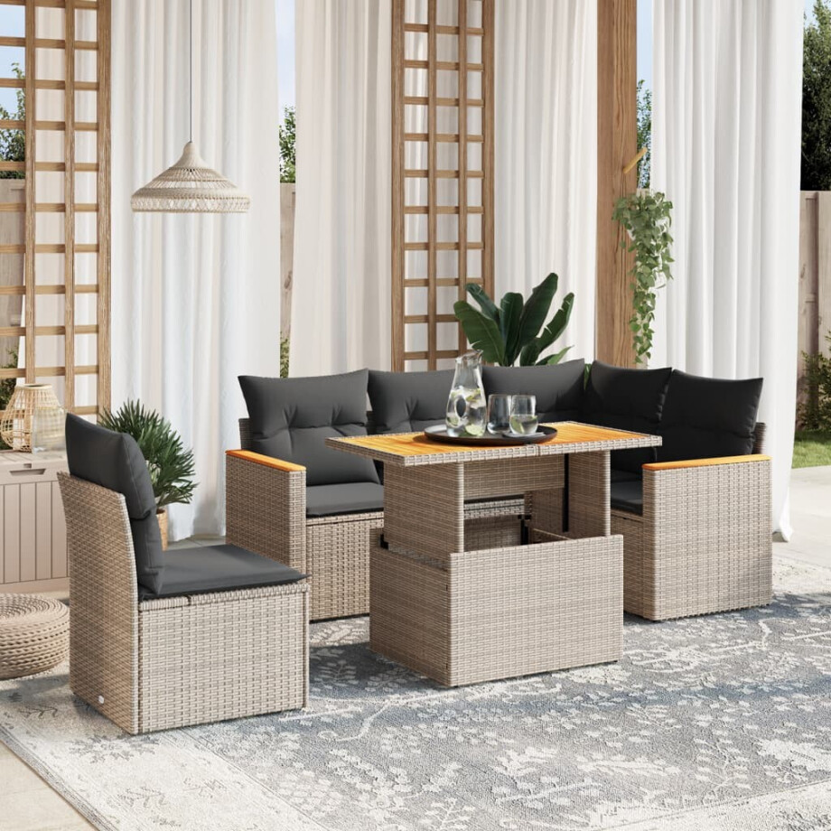 vidaXL 6-delige Loungeset met kussens poly rattan grijs afbeelding 1