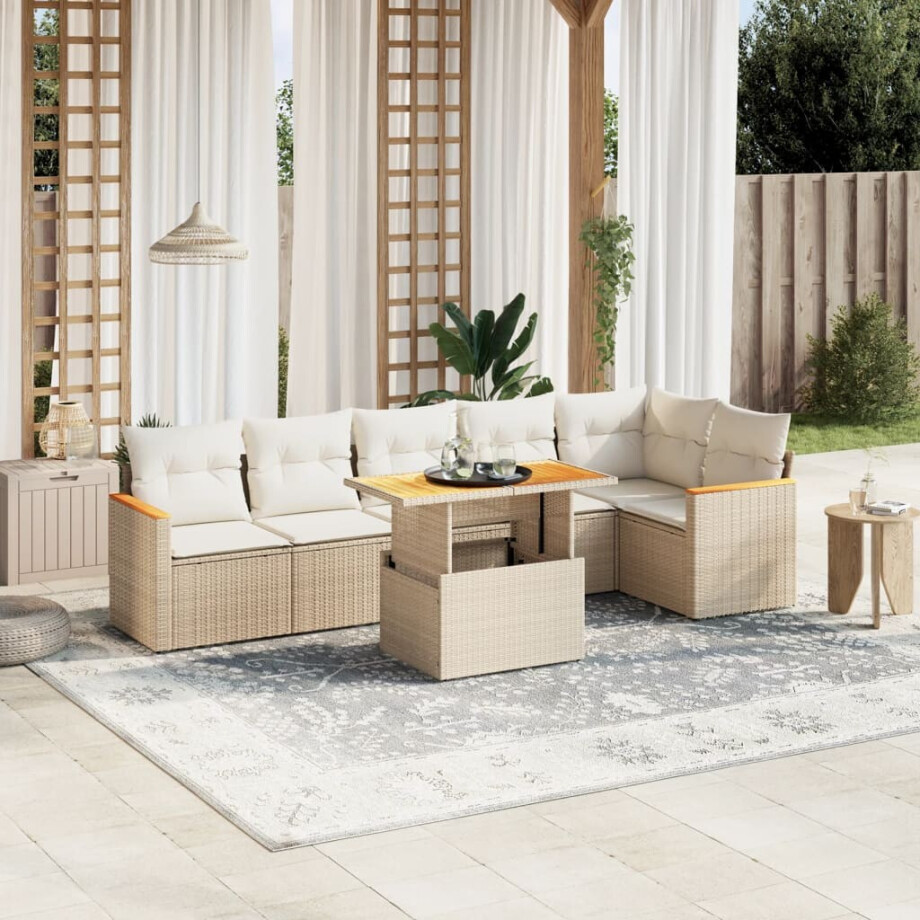 vidaXL 7-delige Loungeset met kussens poly rattan beige afbeelding 1