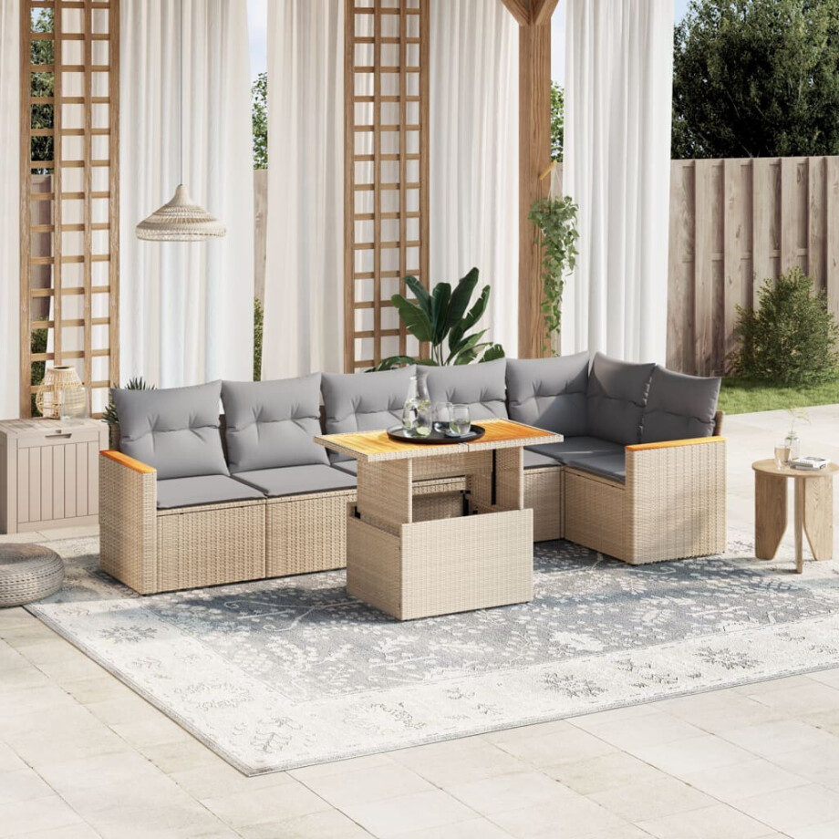 vidaXL 7-delige Loungeset met kussens poly rattan beige afbeelding 1