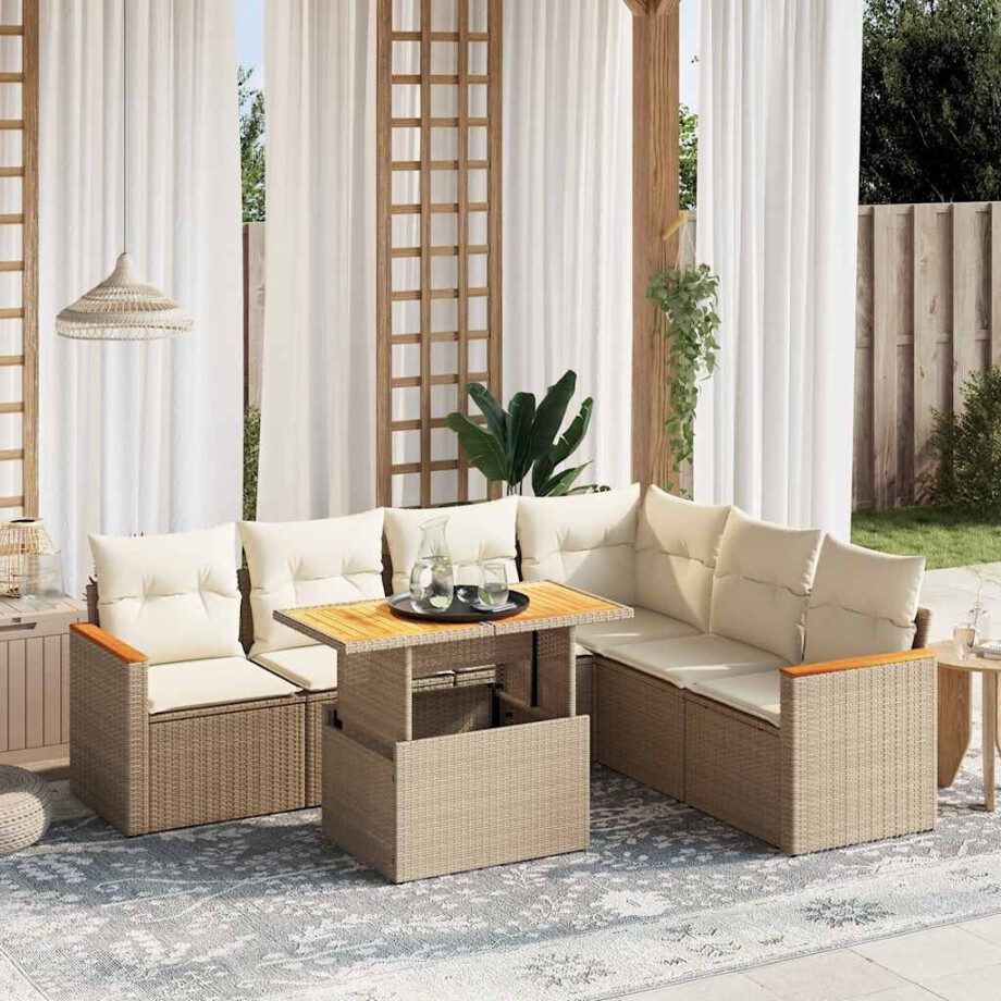 vidaXL 7-delige Loungeset met kussens poly rattan beige afbeelding 1