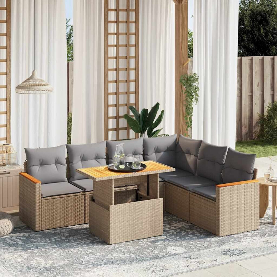 vidaXL 7-delige Loungeset met kussens poly rattan beige vidaXL 7-delige Loungeset met kussens poly rattan beige afbeelding 1