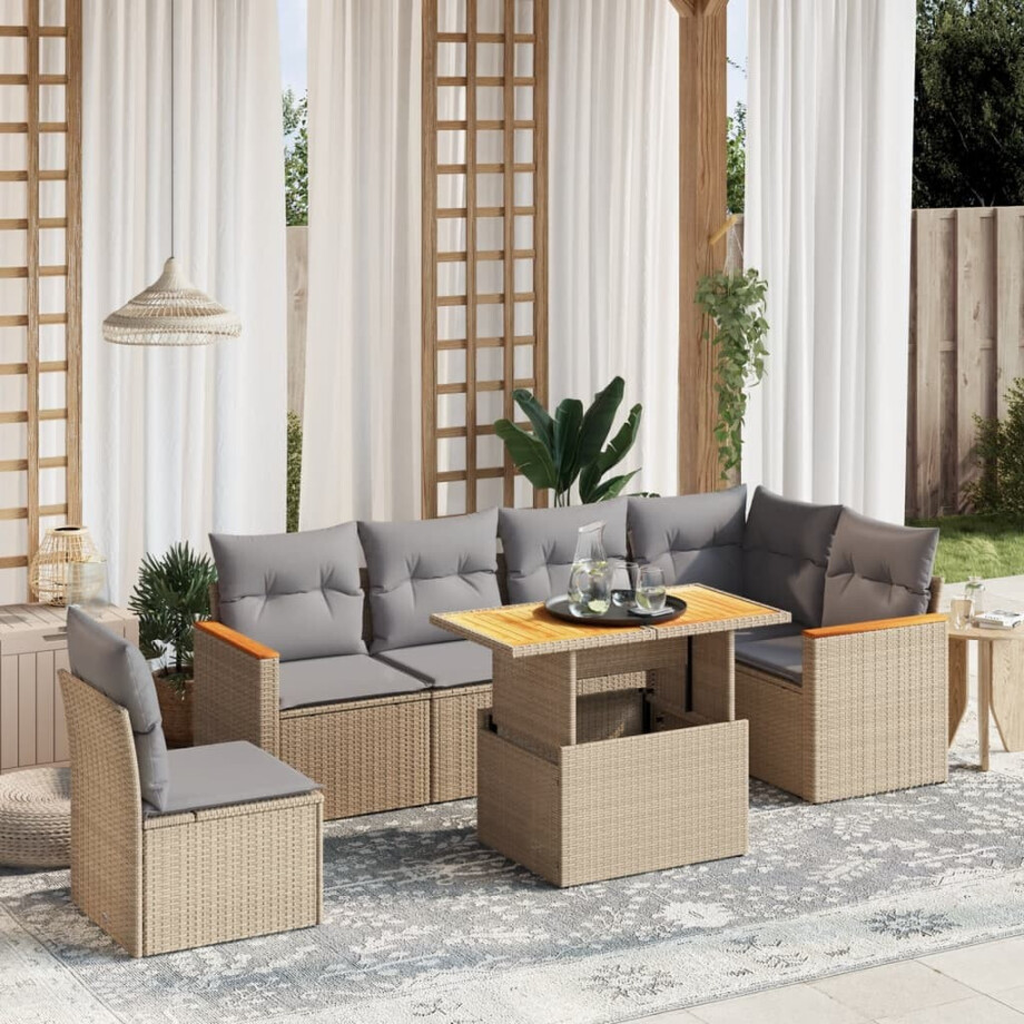 vidaXL 7-delige Loungeset met kussens poly rattan beige afbeelding 1