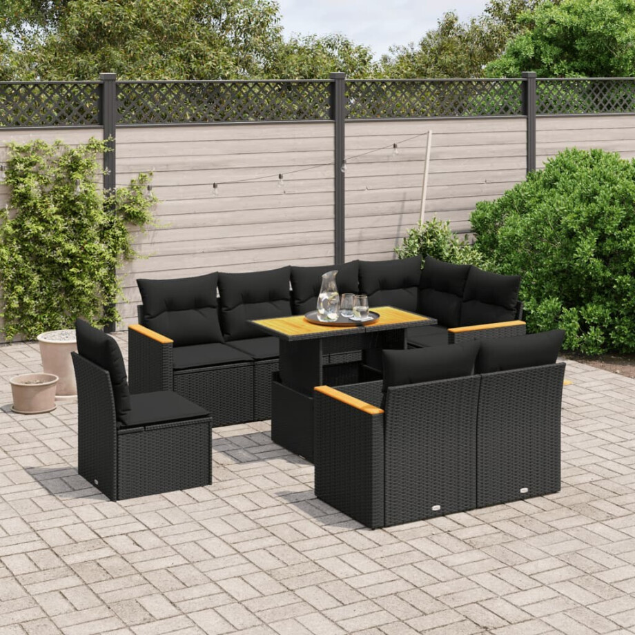 vidaXL 9-delige Loungeset met kussens poly rattan zwart afbeelding 1