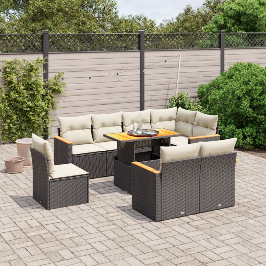 vidaXL 9-delige Loungeset met kussens poly rattan zwart afbeelding 1