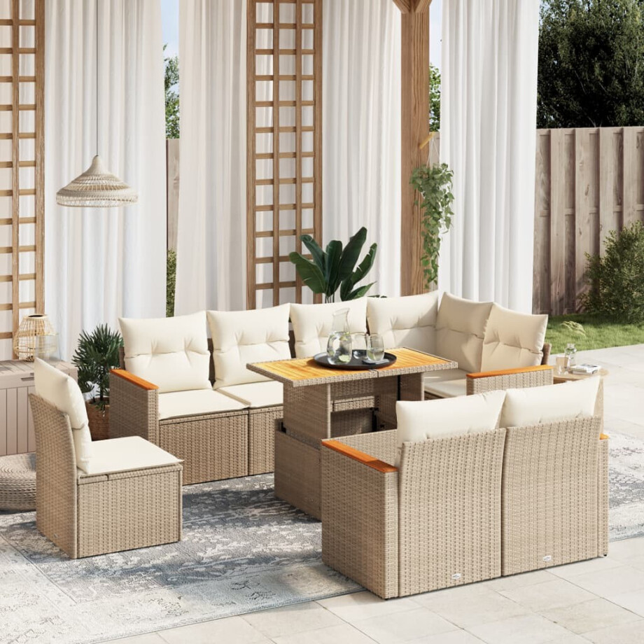 vidaXL 9-delige Loungeset met kussens poly rattan beige afbeelding 1