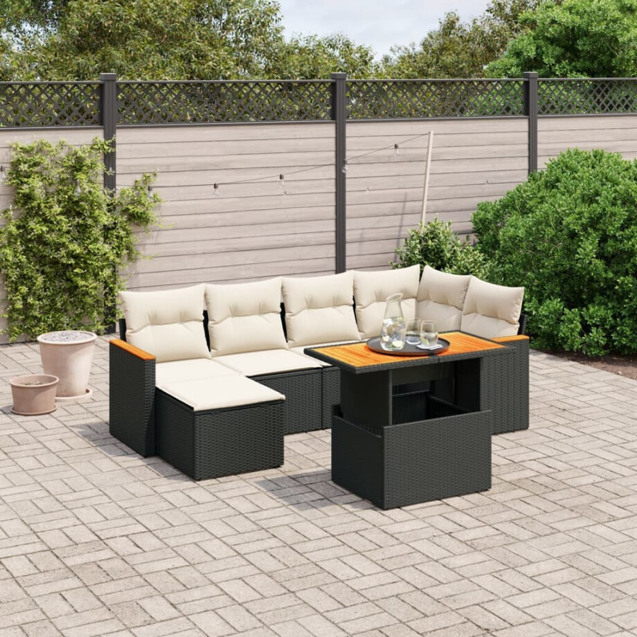 vidaXL 7-delige Loungeset met kussens poly rattan zwart afbeelding 1