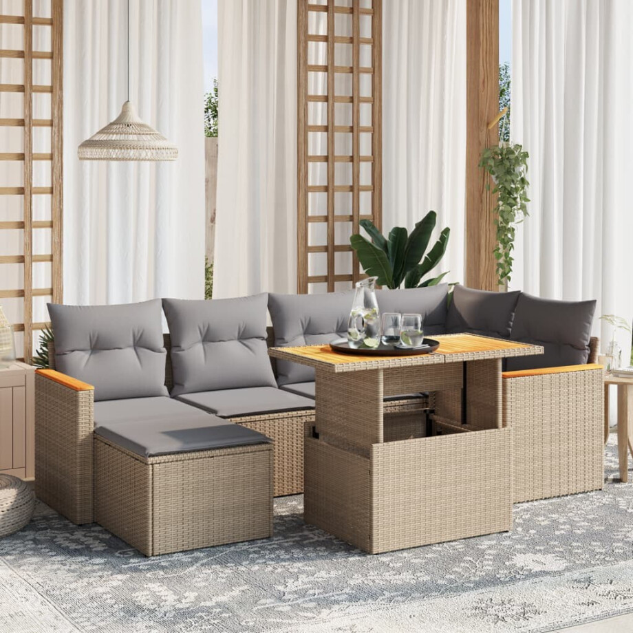 vidaXL 7-delige Loungeset met kussens poly rattan beige vidaXL 7-delige Loungeset met kussens poly rattan beige afbeelding 1