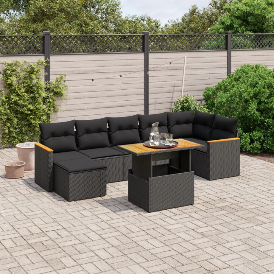 vidaXL 8-delige Loungeset met kussens poly rattan zwart afbeelding 1