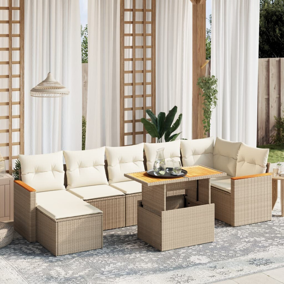 vidaXL 8-delige Loungeset met kussens poly rattan beige afbeelding 1