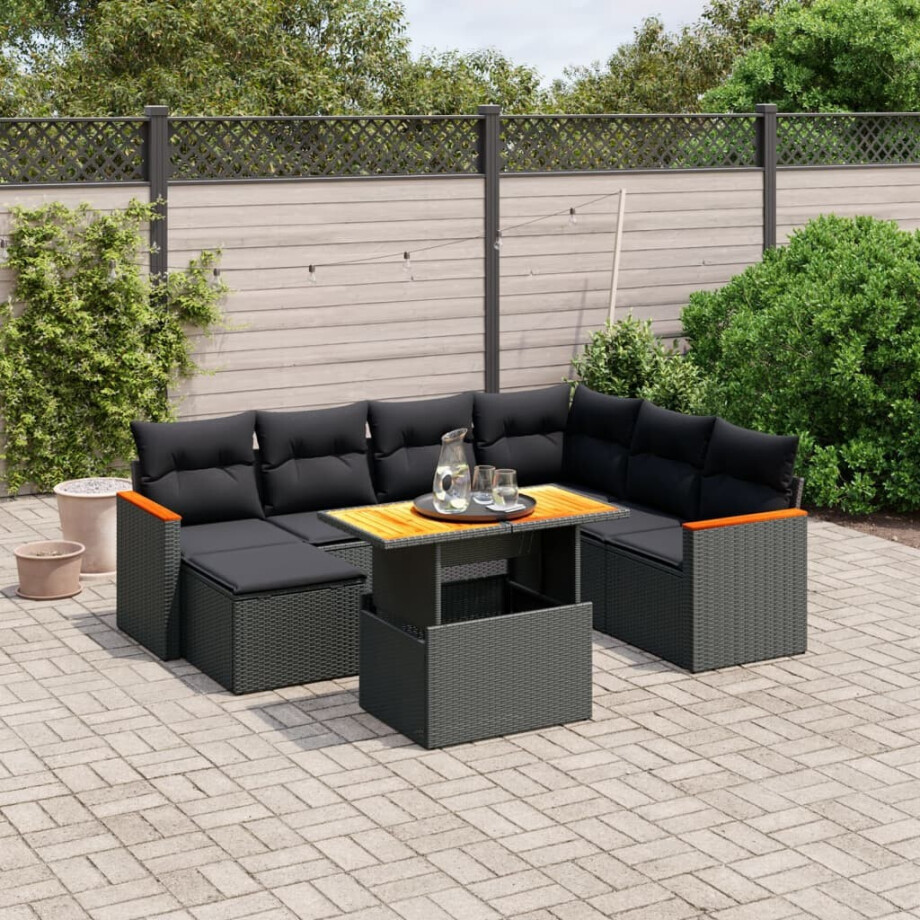 vidaXL 8-delige Loungeset met kussens poly rattan zwart afbeelding 1