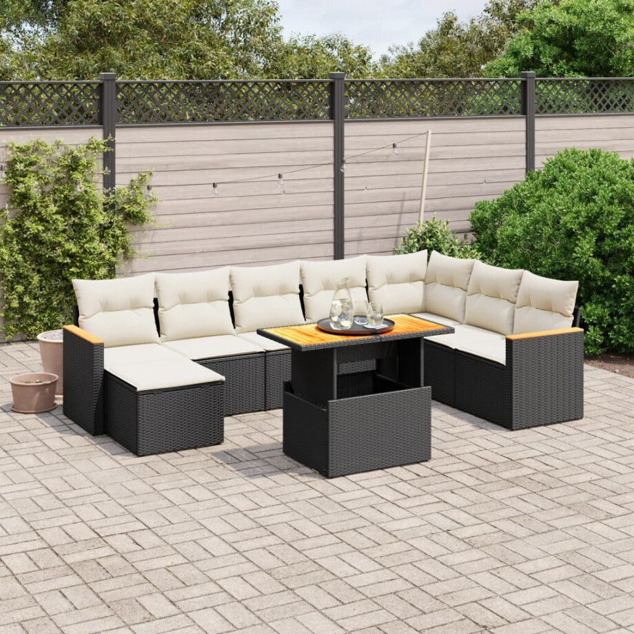 vidaXL 9-delige Loungeset met kussens poly rattan zwart afbeelding 1