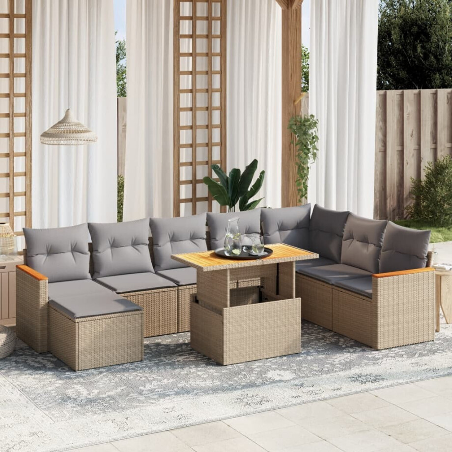 vidaXL 9-delige Loungeset met kussens poly rattan beige afbeelding 1