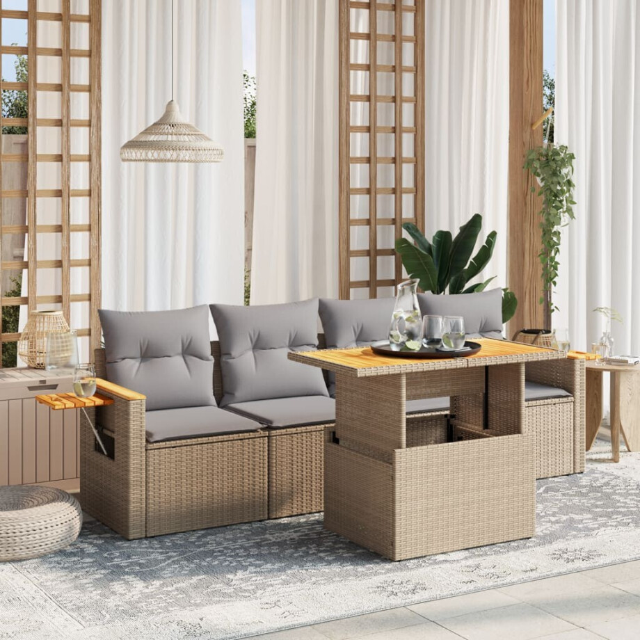 vidaXL 5-delige Loungeset met kussens poly rattan beige afbeelding 1