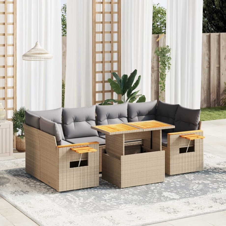 vidaXL 7-delige Loungeset met kussens poly rattan beige afbeelding 1