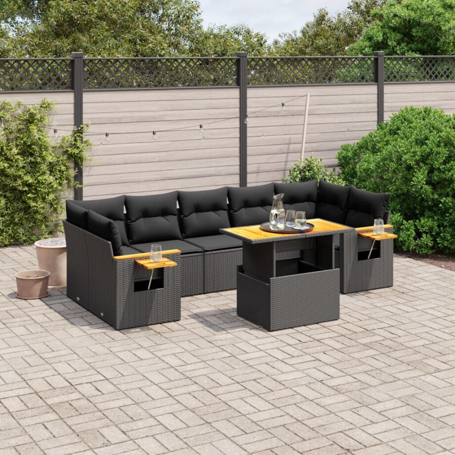 vidaXL 8-delige Loungeset met kussens poly rattan zwart afbeelding 1