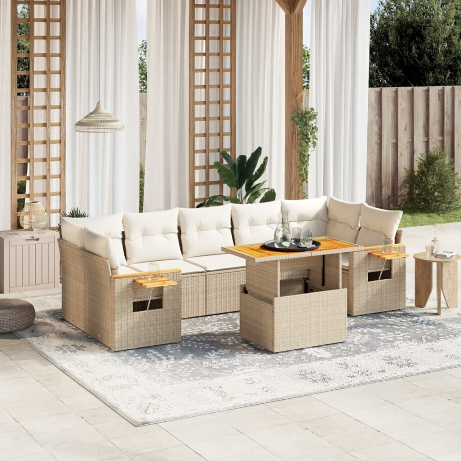 vidaXL 8-delige Loungeset met kussens poly rattan beige afbeelding 1