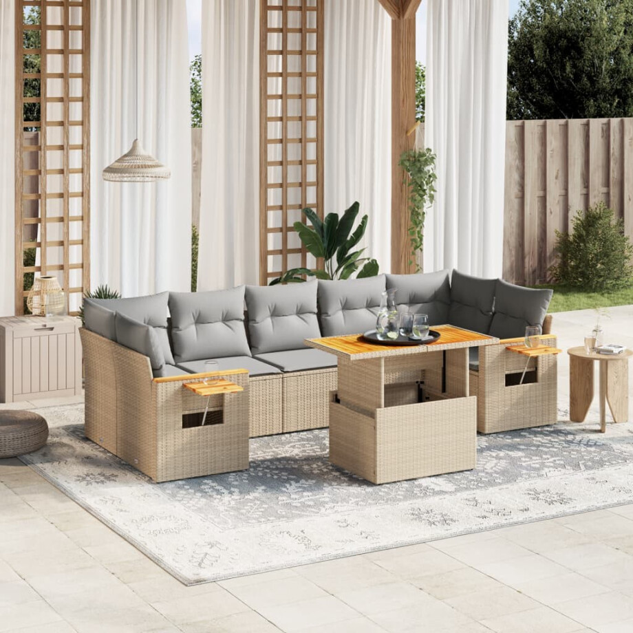 vidaXL 8-delige Loungeset met kussens poly rattan beige vidaXL 8-delige Loungeset met kussens poly rattan beige afbeelding 1