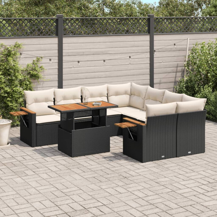 vidaXL 9-delige Loungeset met kussens poly rattan zwart afbeelding 1
