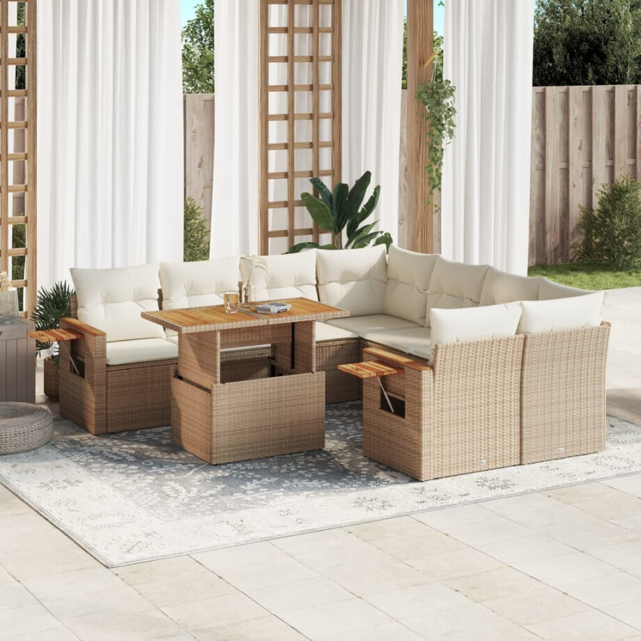vidaXL 9-delige Loungeset met kussens poly rattan beige afbeelding 1