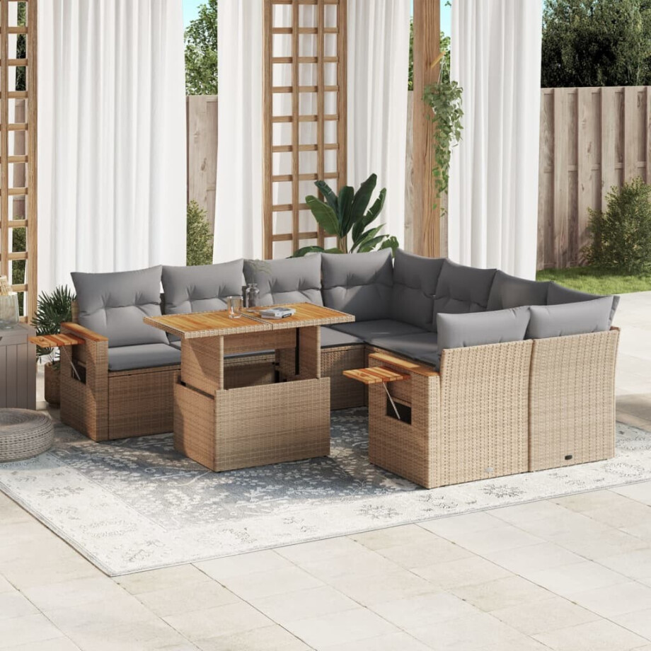 vidaXL 9-delige Loungeset met kussens poly rattan beige afbeelding 1