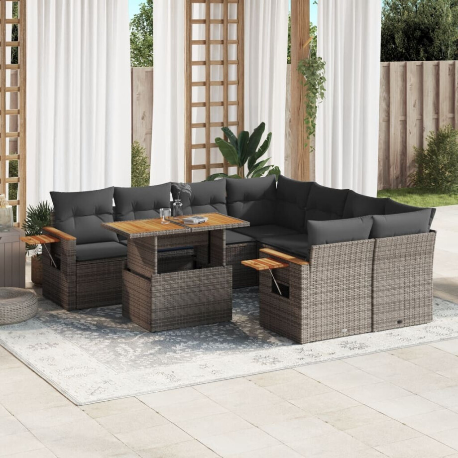 vidaXL 9-delige Loungeset met kussens poly rattan grijs afbeelding 1