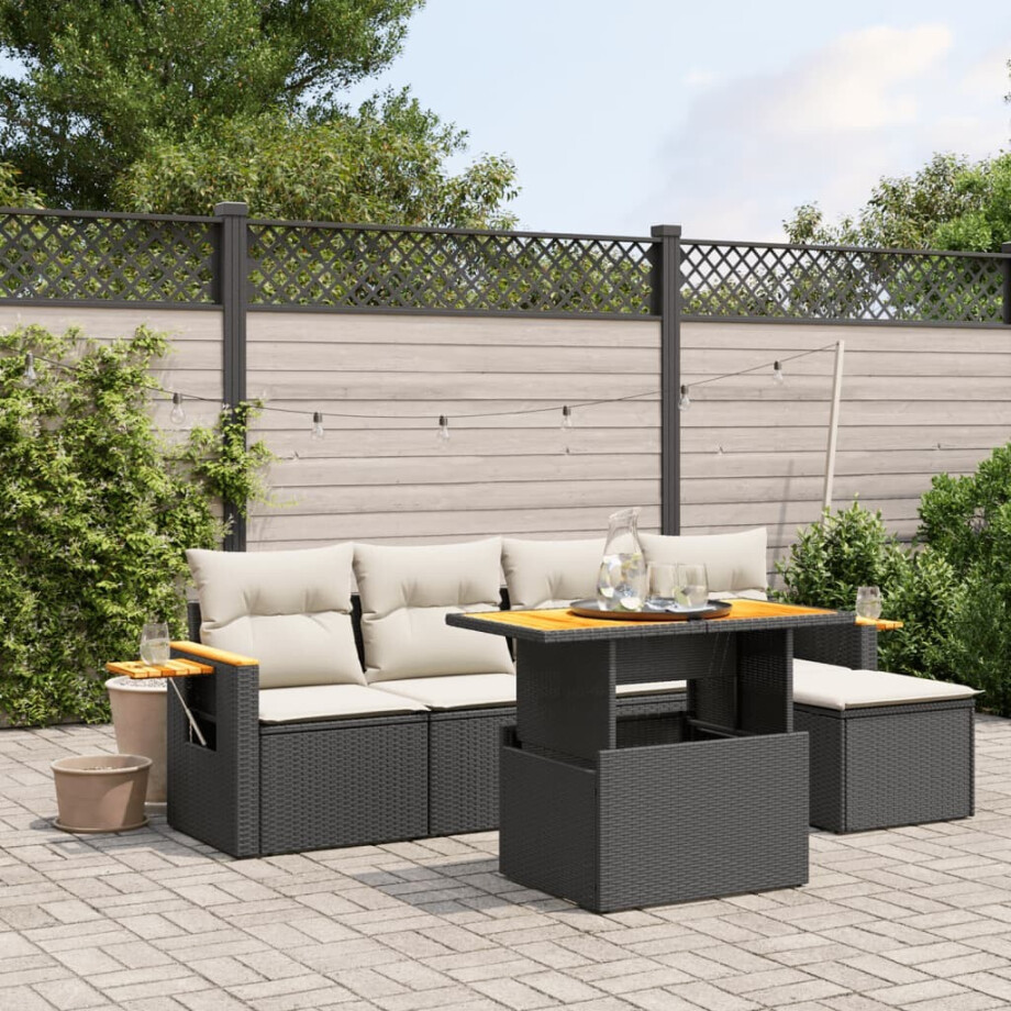vidaXL 6-delige Loungeset met kussens poly rattan zwart afbeelding 1