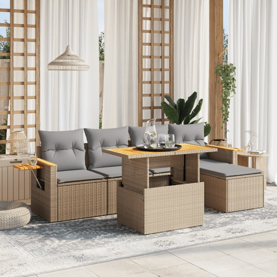 vidaXL 6-delige Loungeset met kussens poly rattan beige afbeelding 1