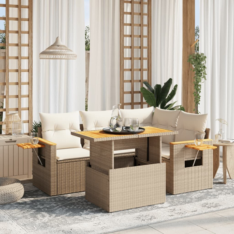 vidaXL 5-delige Loungeset met kussens poly rattan beige afbeelding 1