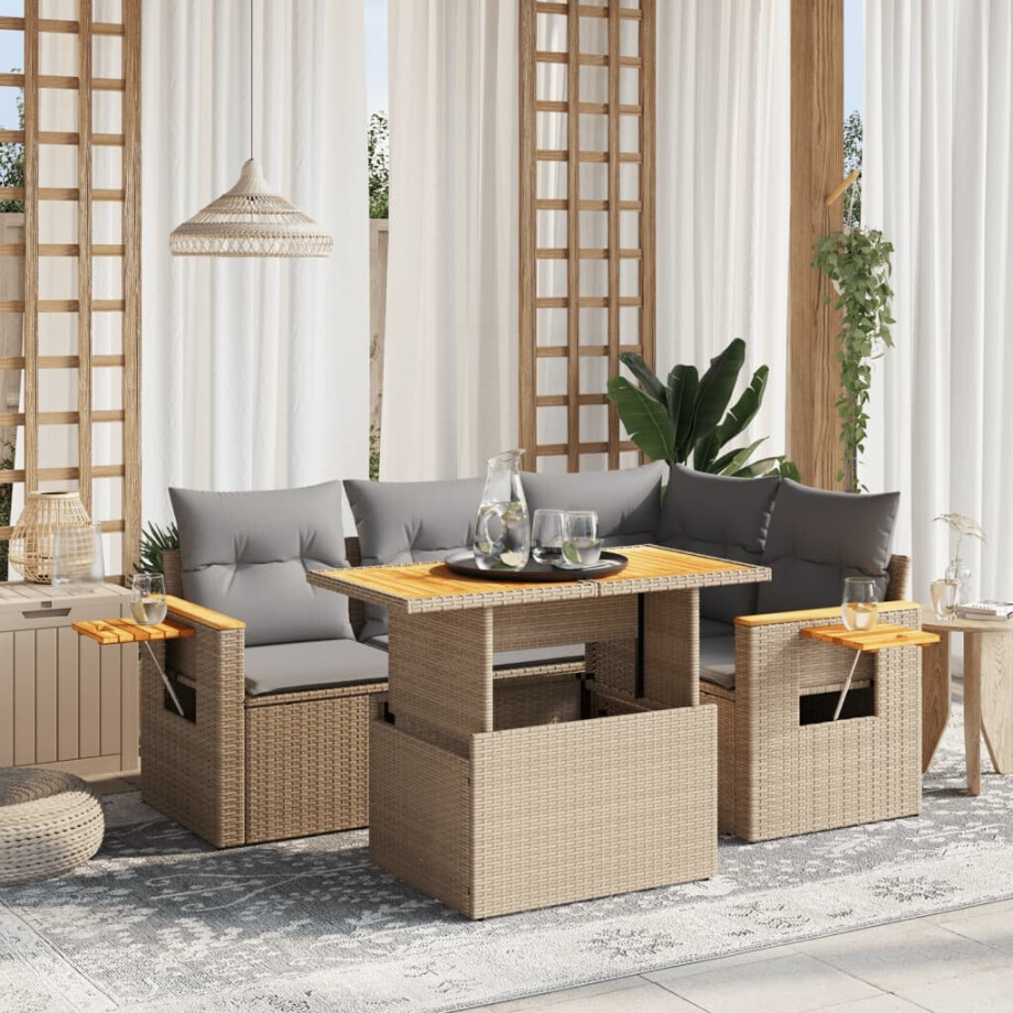 vidaXL 5-delige Loungeset met kussens poly rattan beige afbeelding 1
