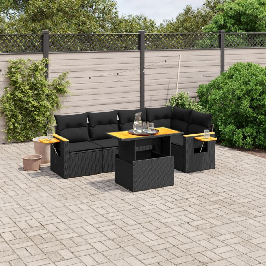 vidaXL 6-delige Loungeset met kussens poly rattan zwart afbeelding 1
