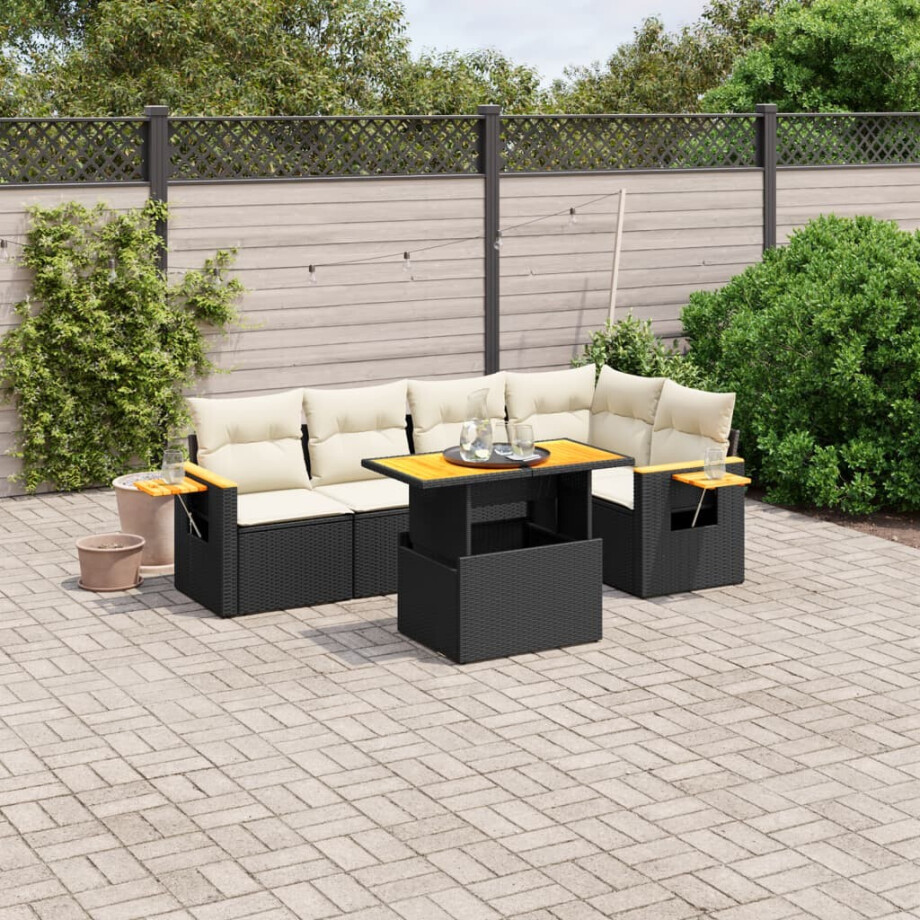 vidaXL 6-delige Loungeset met kussens poly rattan zwart afbeelding 1