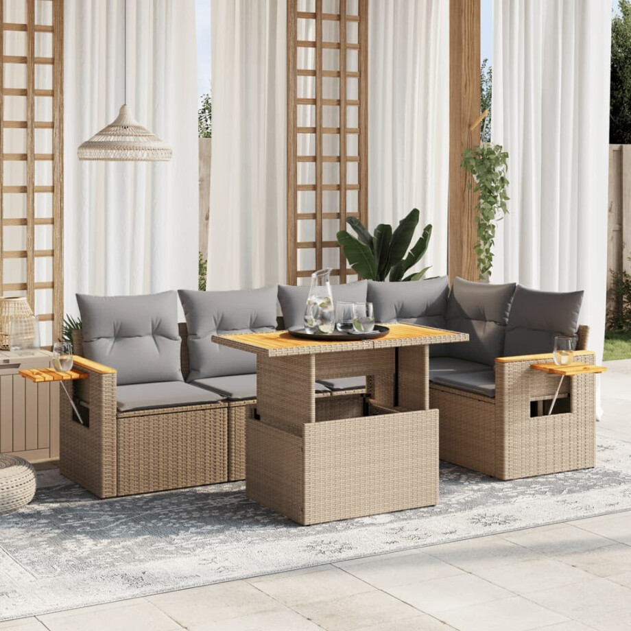 vidaXL 6-delige Loungeset met kussens poly rattan beige afbeelding 1