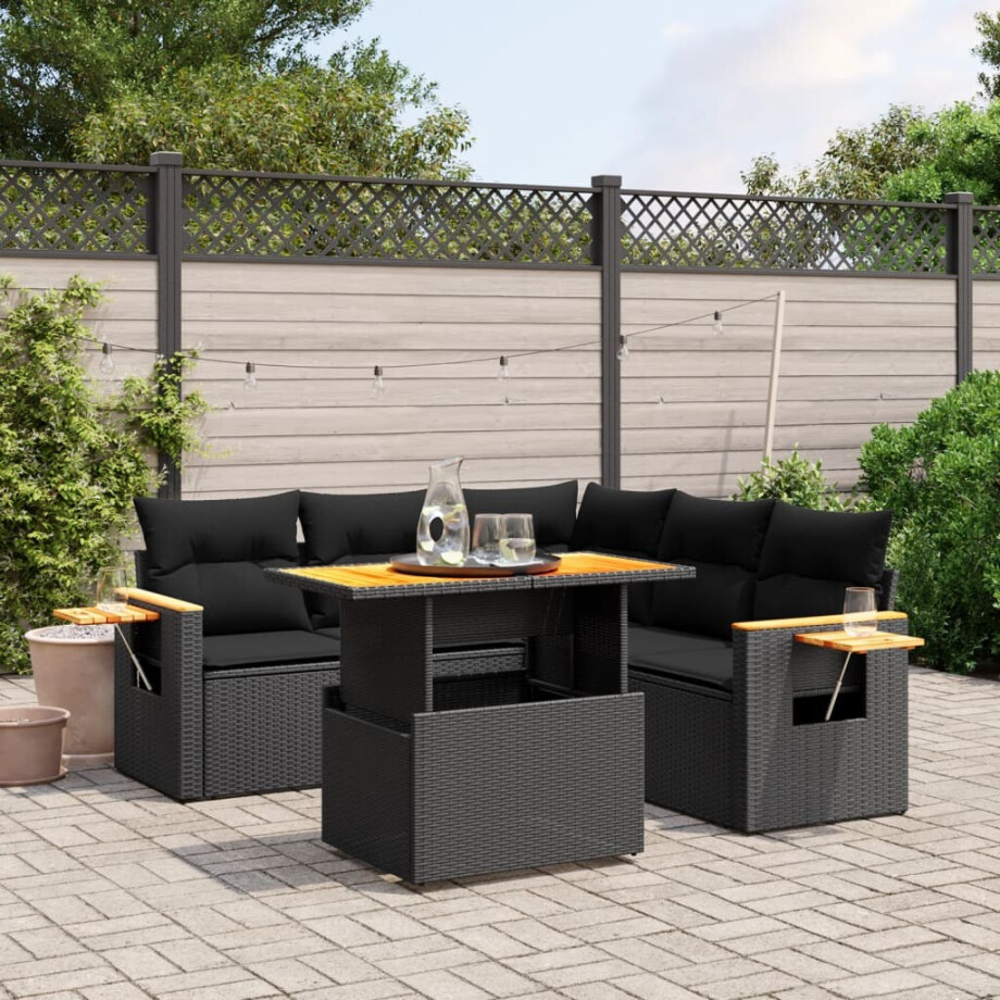 vidaXL 6-delige Loungeset met kussens poly rattan zwart afbeelding 1