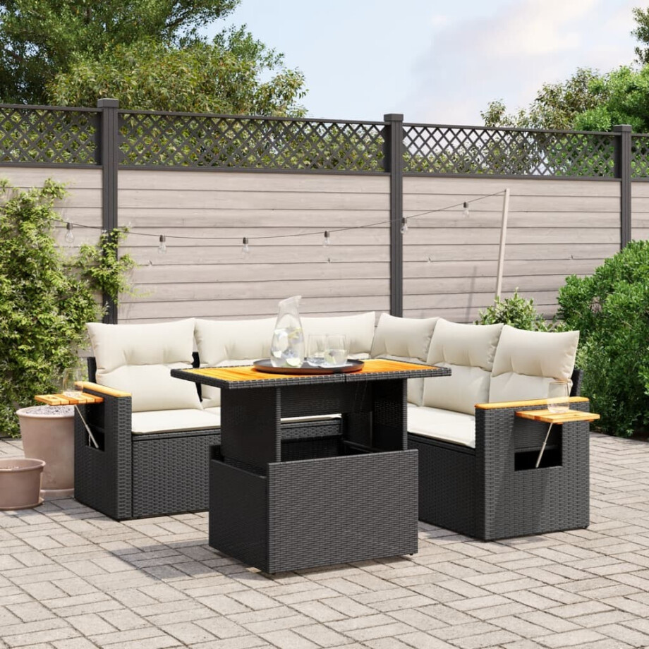 vidaXL 6-delige Loungeset met kussens poly rattan zwart afbeelding 1