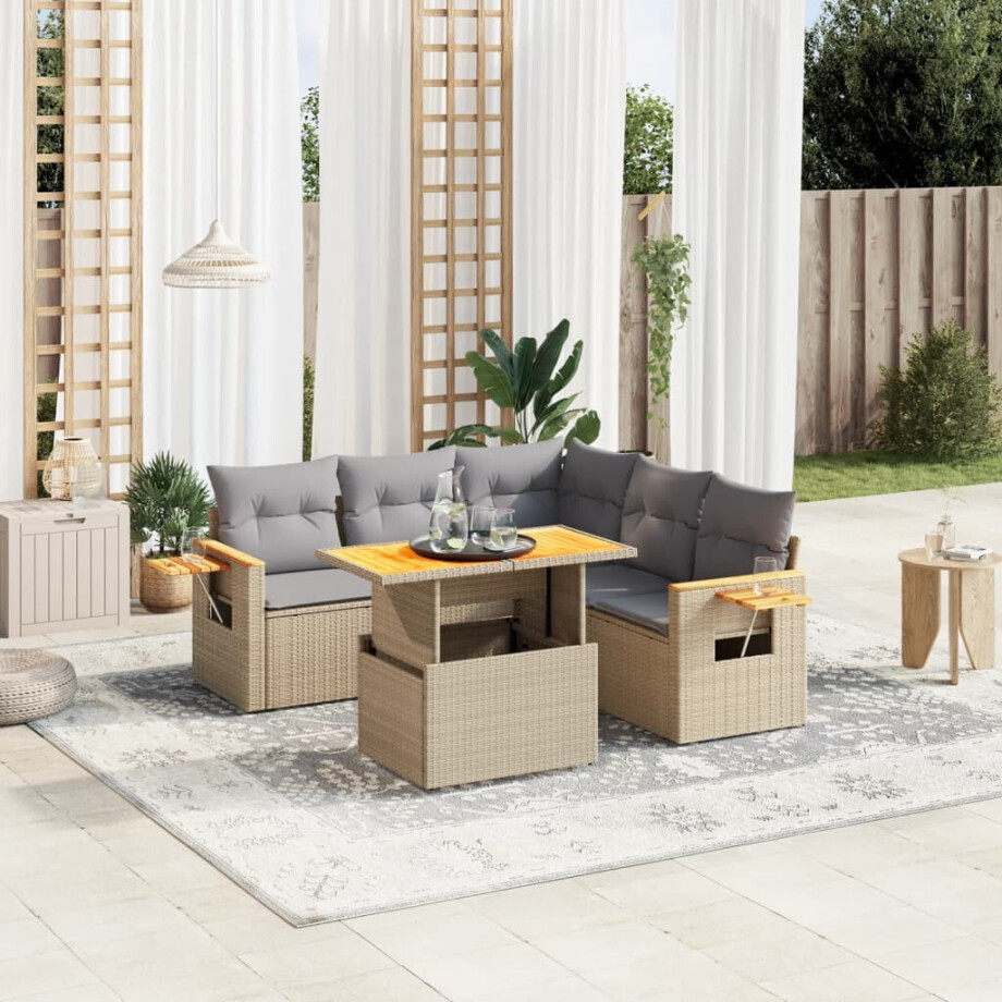 vidaXL 6-delige Loungeset met kussens poly rattan beige afbeelding 1