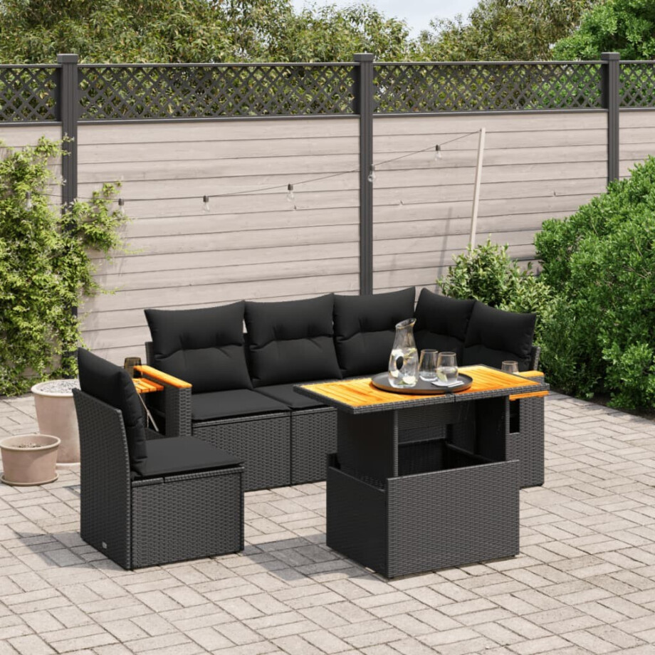 vidaXL 6-delige Loungeset met kussens poly rattan zwart afbeelding 1