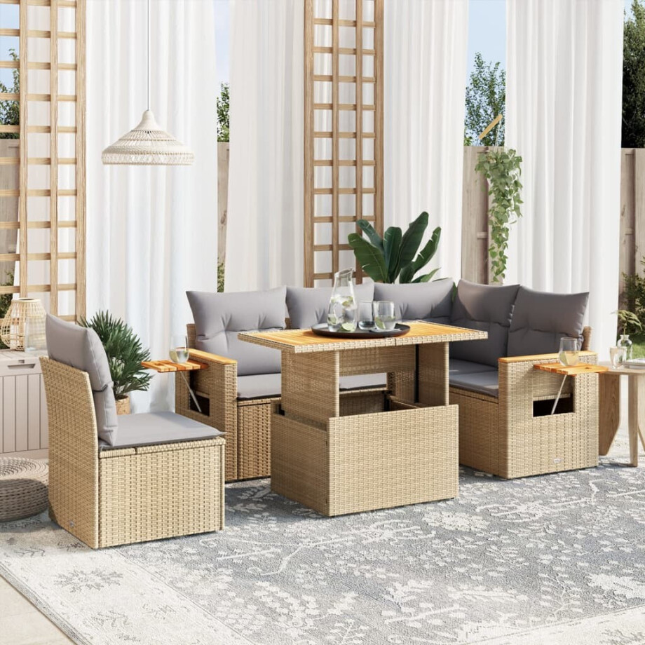 vidaXL 6-delige Loungeset met kussens poly rattan beige afbeelding 1