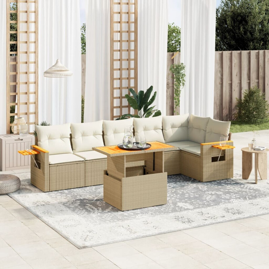 vidaXL 7-delige Loungeset met kussens poly rattan beige afbeelding 1